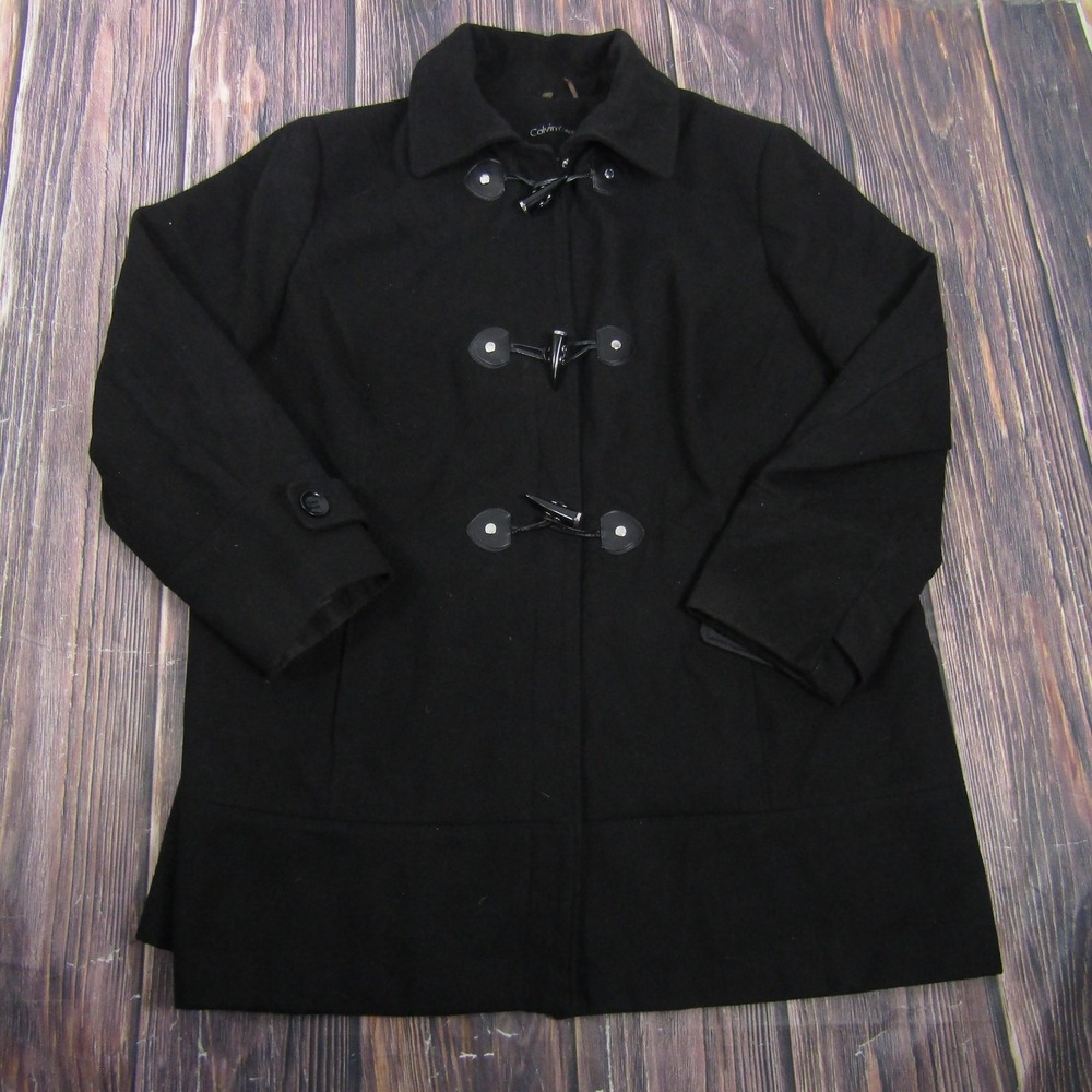 Calvin Klein Coat Womens 2X Black Toggle Front Mid Length Lined Warm Pockets